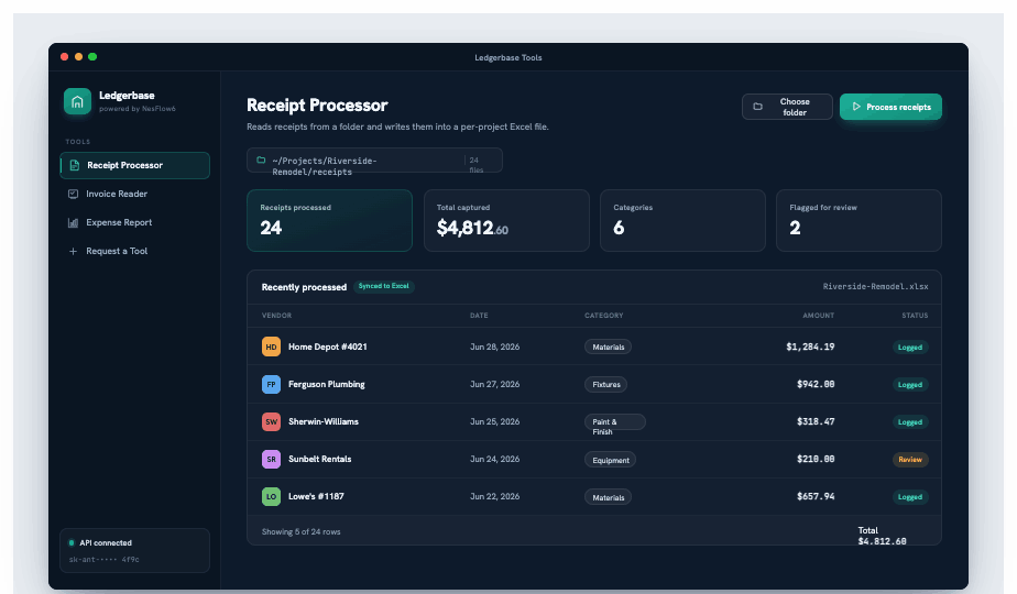 Ledgerbase Tools receipt processor screenshot showing processed receipts and expense totals