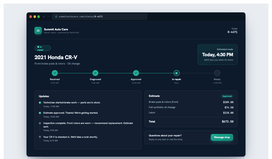 TrackMyRepair customer status portal screenshot showing live repair progress and estimate details