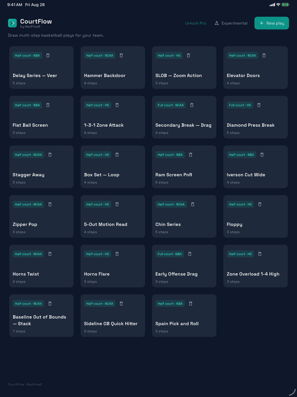 CourtFlow library on iPad showing a grid of saved plays with court type and step counts